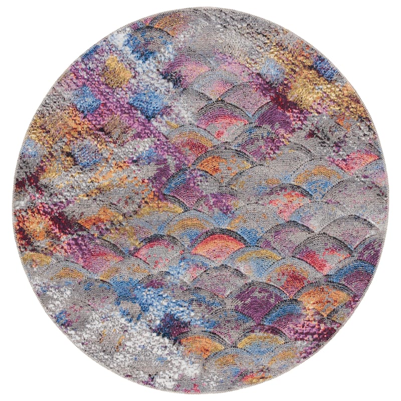 SAFAVIEH Barbados Germana Modern Waterproof Patio Backyard Rug - 6'6" Round - Grey Purple/Blue Gold