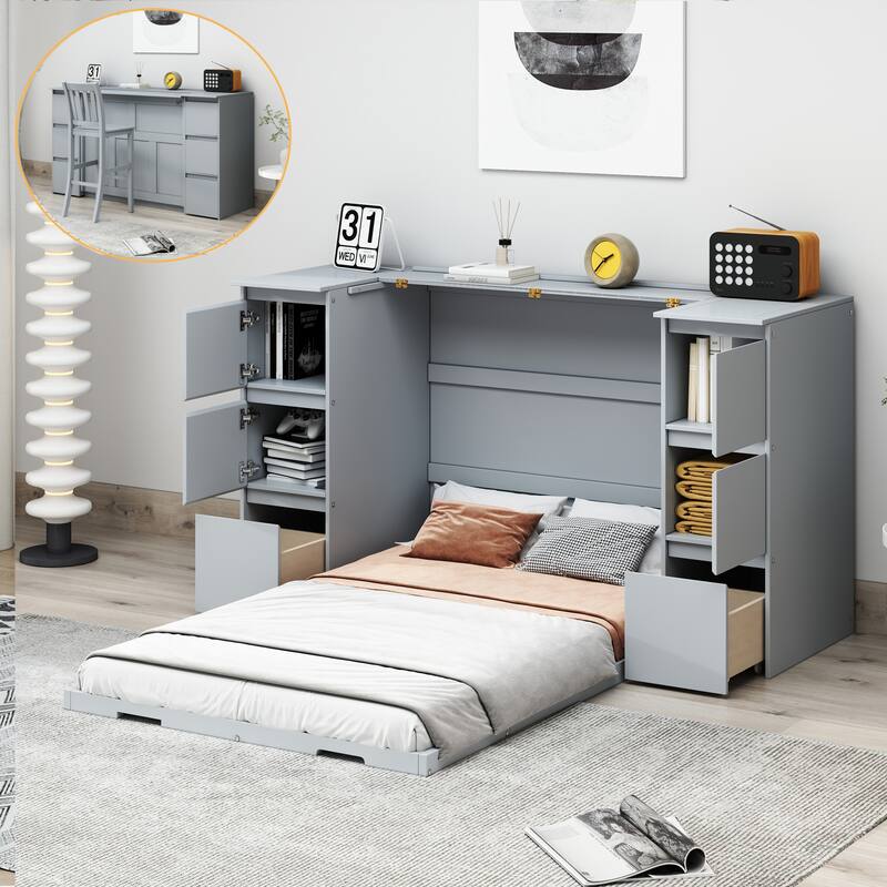 Twin Size Modern Murphy Bed with Drawers, Cabinets, and USB Ports
