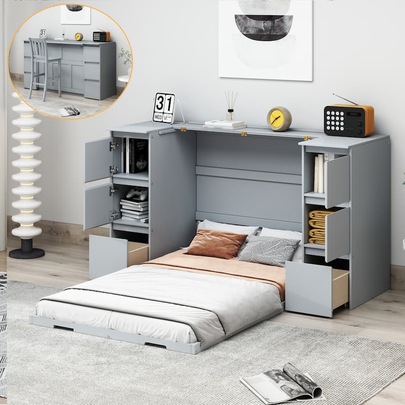 Twin Size Murphy Bed with Drawers, Cabinets & USB Ports
