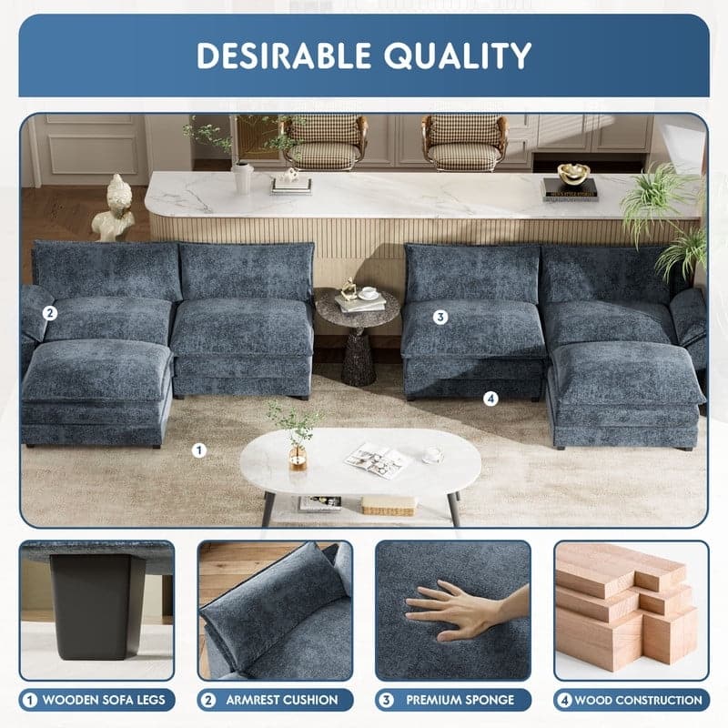 Furniwell 4 Seats U-Shaped Sectional Sofa with 2 Movable Ottomans Modern Fabric Convertible Modular Couch for Living Room