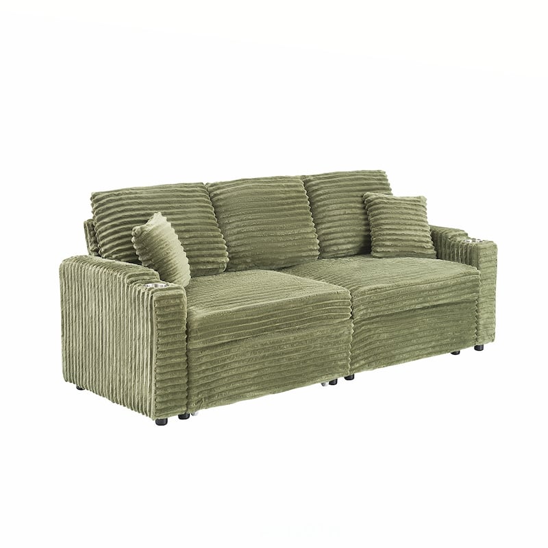 80"Corduroy Sofa With Cup Holder