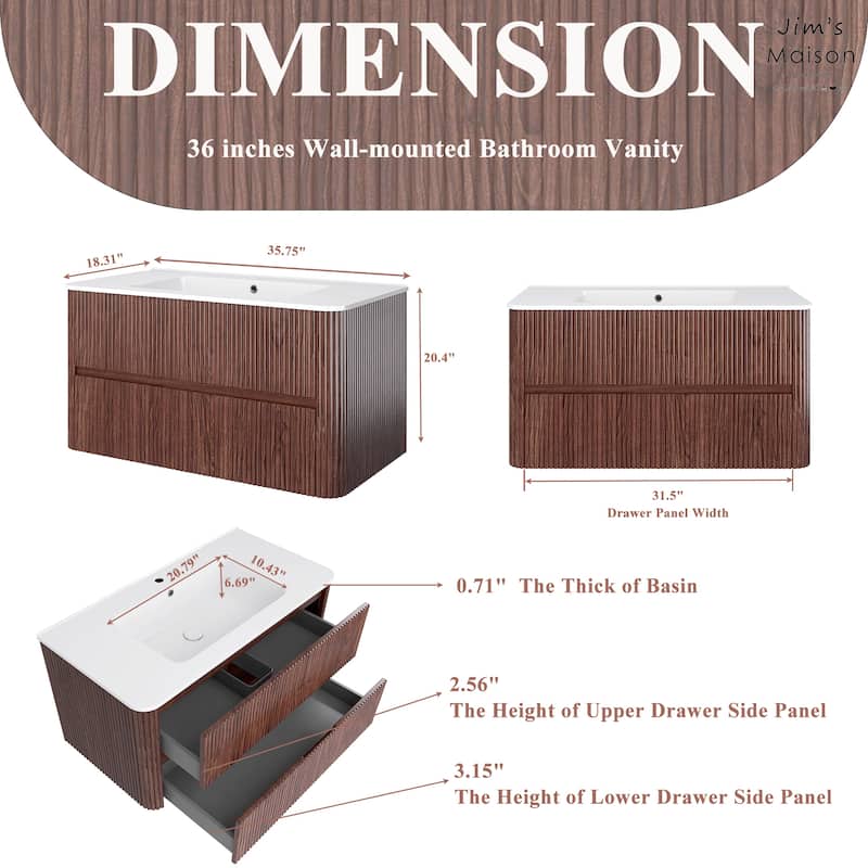 Wall-Mounted Bathroom Vanity in Walnut with Integrated White Ceramic Sink