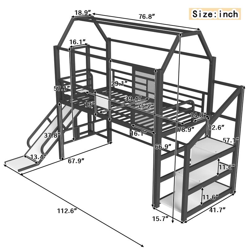 Roomfitters House Loft Bed with Slide and Stairs, Metal Playhouse Frame with Storage Shelves