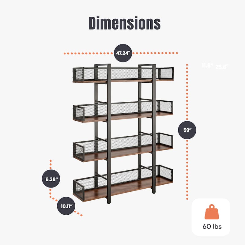 Sturdis 4 Tier Solid Wood Metal Industrial Bookshelf with Mesh Barriers, Black - 60