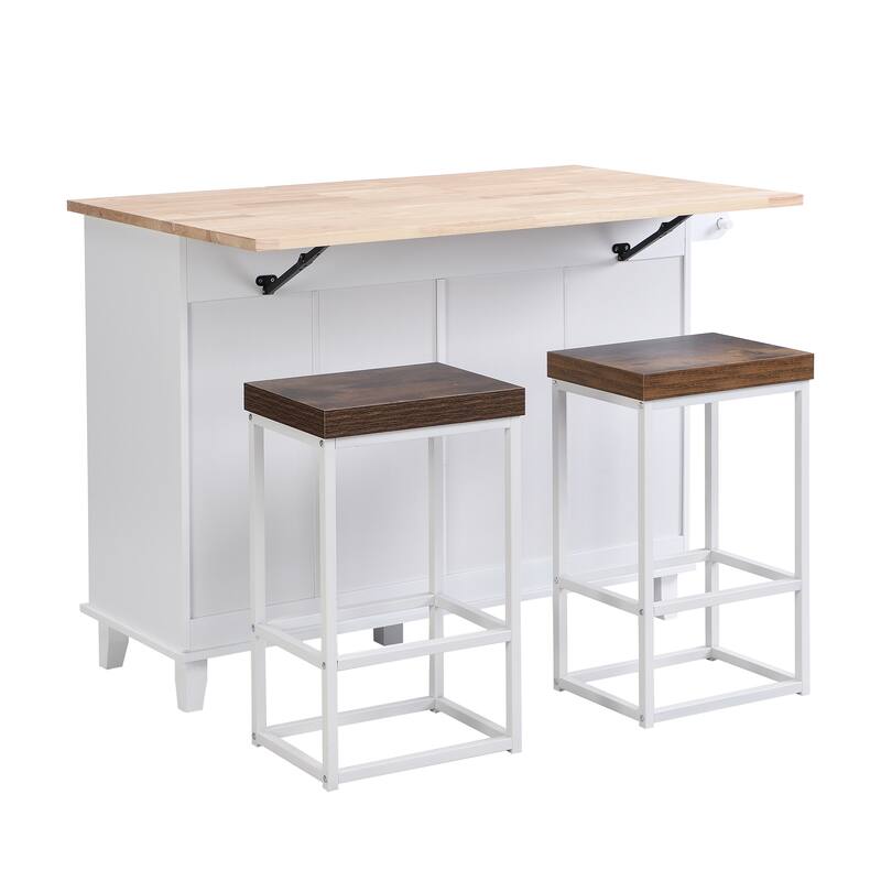 3PCS Sets Farmhouse Kitchen Island with 2 Seatings, Drop Leaf, Cabinet, Drawers & Towel Rack