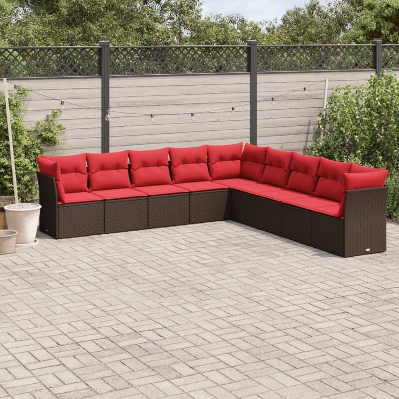 vidaXL 9/10 Piece Patio Sofa Set with Cushions Black/Brown/Gray Poly Rattan - 21.7 x 24.4 x 27.2