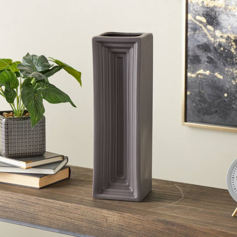 Ceramic Geometric Concaved Rectangular Vase - Black - Roche River Decor