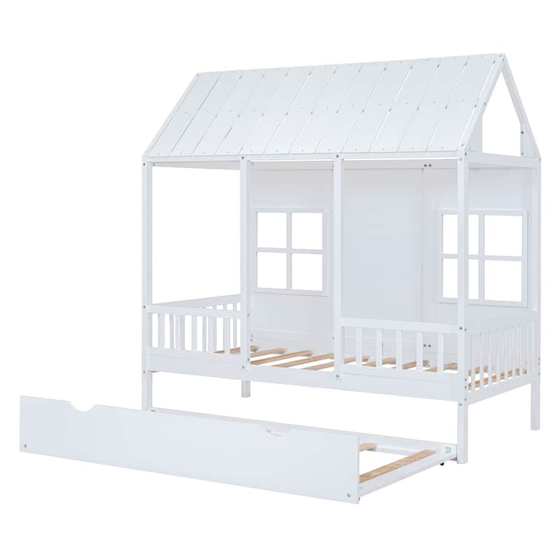Full Over Twin/Twin Over Twin Wood House Bed, Wooden Bunk Bed with Trundle and Guard Rail for Bedroom
