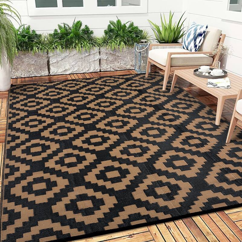 Outdoor Rug Waterproof Plastic Straw Rug Reversible Rug for Patios Decks Porch Camper Balcony Backyard - 8'x10' - Black Brown