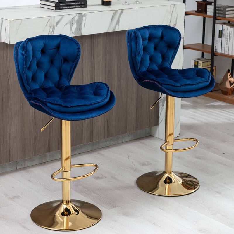 2 Velvet Bar Stools with Chrome Footrest and Base Swivel Height Adjustable - N/A