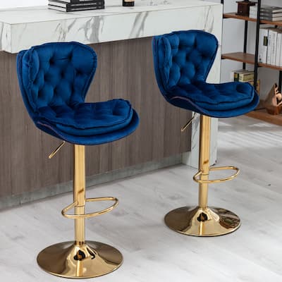 Set of 2 Bar Stools,with Chrome Footrest,Base Swivel Height Adjustable Mechanical Lifting Velvet + Golden Leg Simple Bar Stool