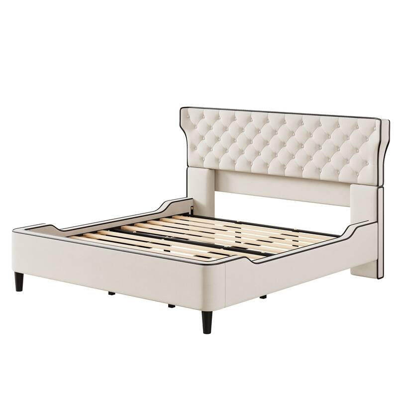 Christopher Knight Home - Aveline Modern Upholstered Platform Bed with Curved Back Headboard and Button Tufted Design