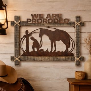 American Art Decor ProRodeo Cowboy Metal & Wood Wall Art - Rustic Western Decor - 25" x 18"