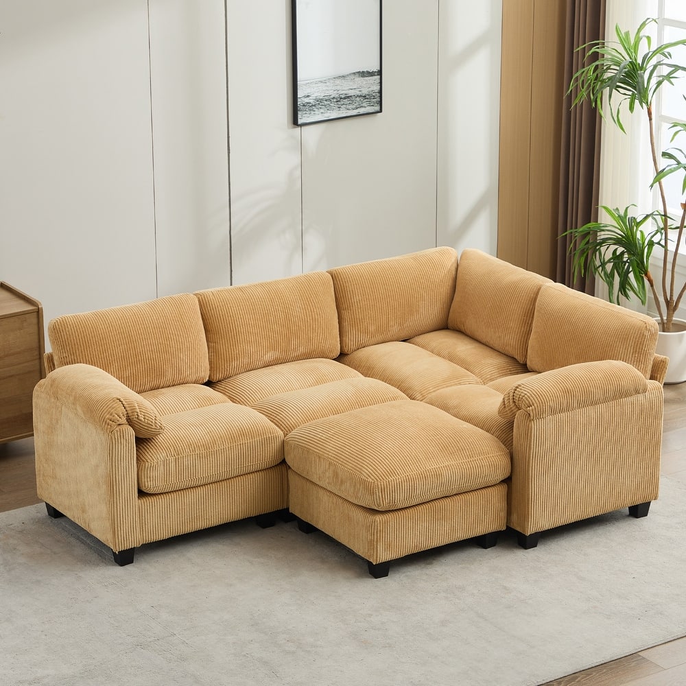 5-Seater Corduroy Sectional Sofa, Removable Ottoman, Modular Design