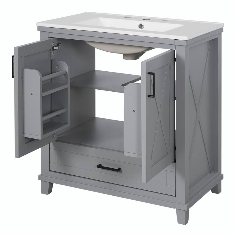30" Bathroom Vanity - Solid Wood Frame, Single Sink, 2 Soft-Close Doors, Divided Drawer & Dual Storage Shelves