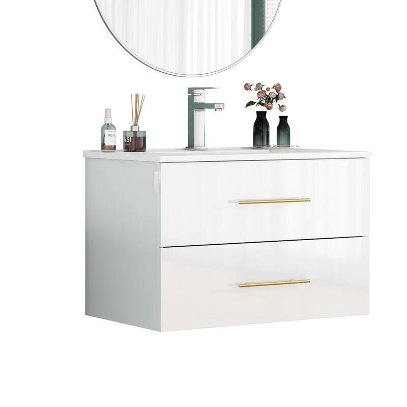 30-Inch Gloss Wall-Mounted Bathroom Vanity with Sink Combo, Double Drawers,Ceramic Sink,Long Metal Handle