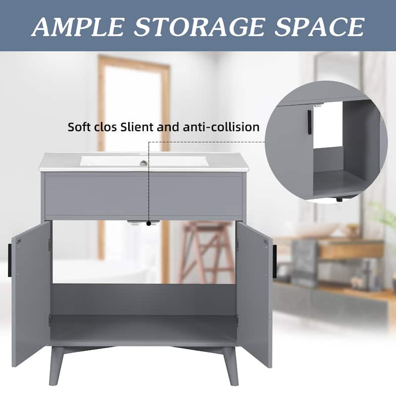30" Wall-Mounted Bathroom Vanity with Double Door Storage, Solid Wood Frame, Space-Saving Design, Anti-Scratch Floor Mat