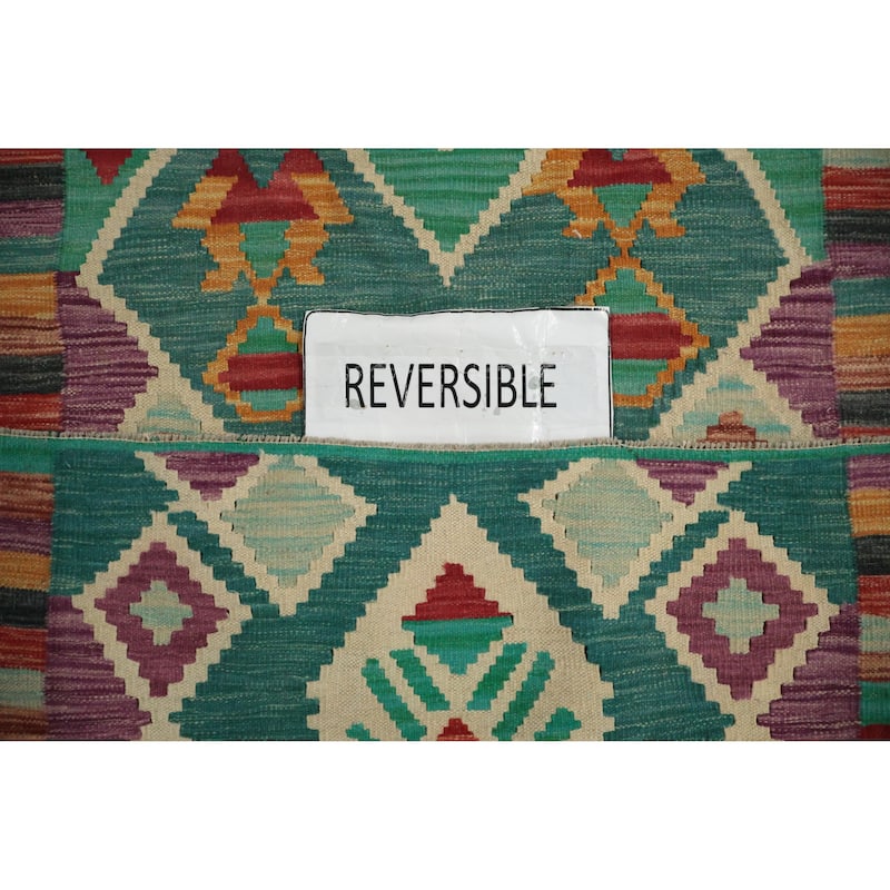 Hand Woven Oriental 100% Wool Carpet Southwestern Tribal Green Kilim Runner Rug - 9' 6'' X 2' 9''