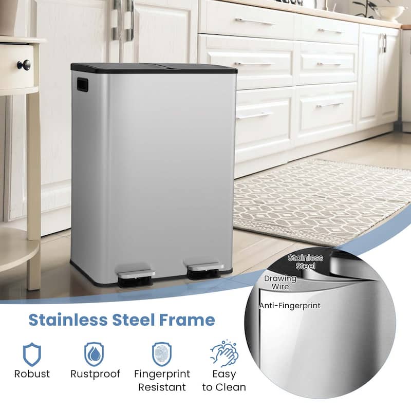 Costway 16 Gallon Dual Step Trash Can Recycle Bin Stainless Steel