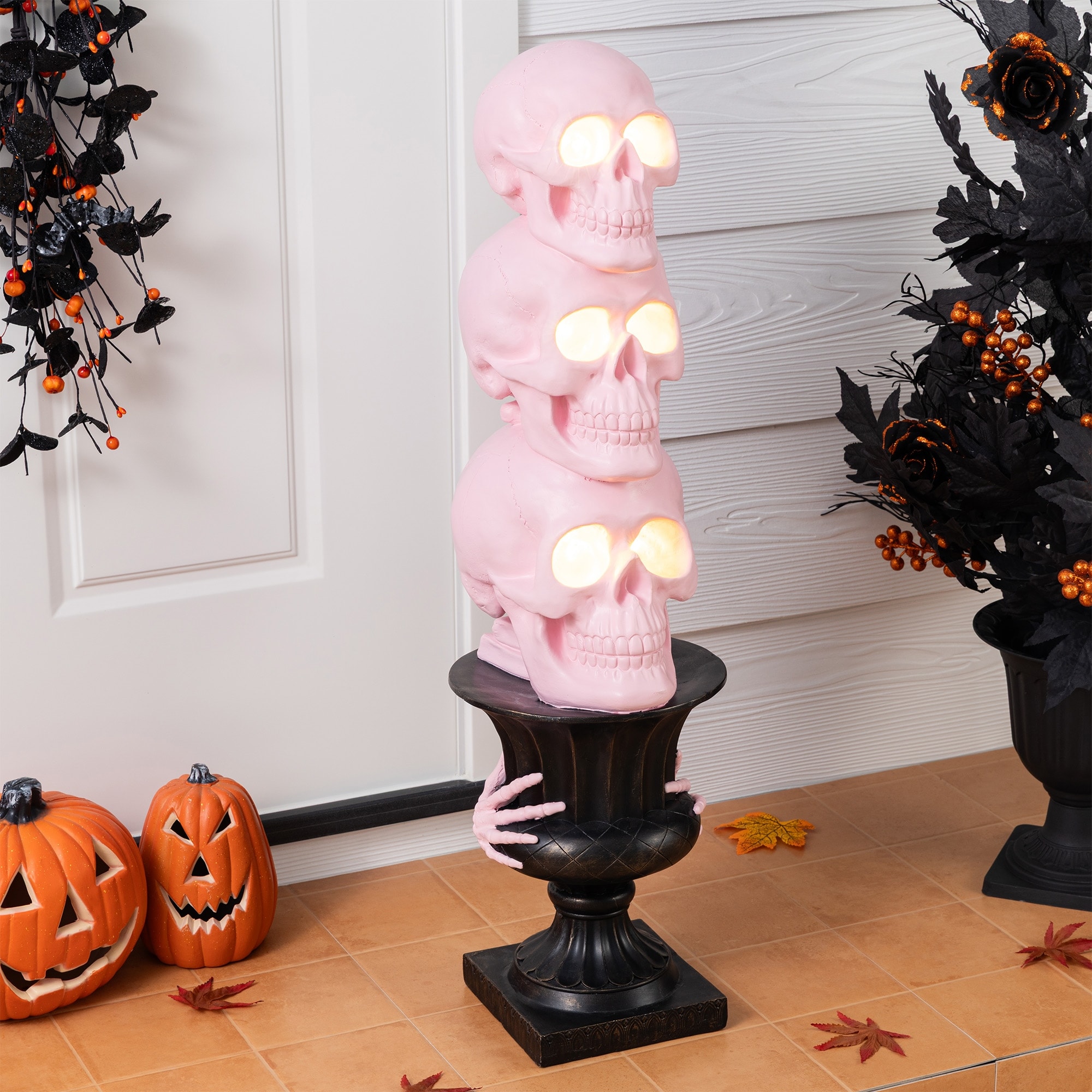 Glitzhome 2.6ft Halloween MGO Lighted Stacked Pink Skull with Black Urn Porch Decor and Timer