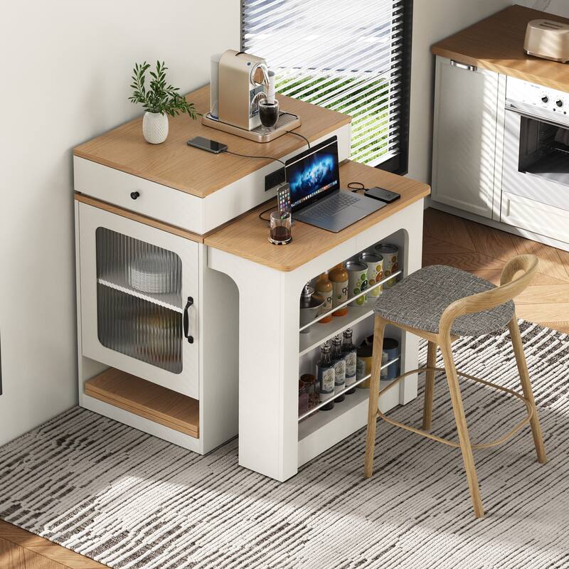 Kitchen Island with Extendable Dining Table, Kitchen Storage Table with 2 Drawers, Power Outlet, Open Shelves, for Diningroom