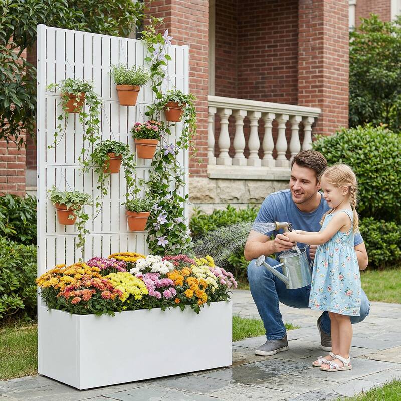 Raised Garden Bed Planter with Trellis Movable Planter Box with Lockable Wheels