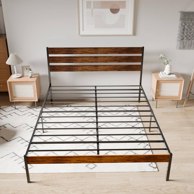 Rustic Queen Size Metal Platform Bed Frame with Wood Headboard & Footboard, Brown Finish