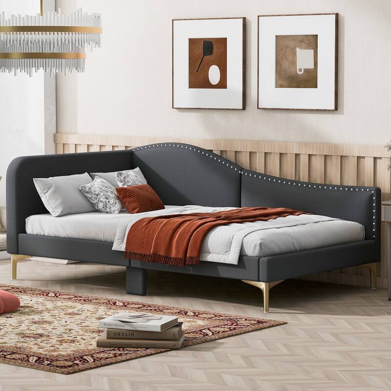Sophisticated Grey Twin Upholstered Daybed with Headboard & Armrest!