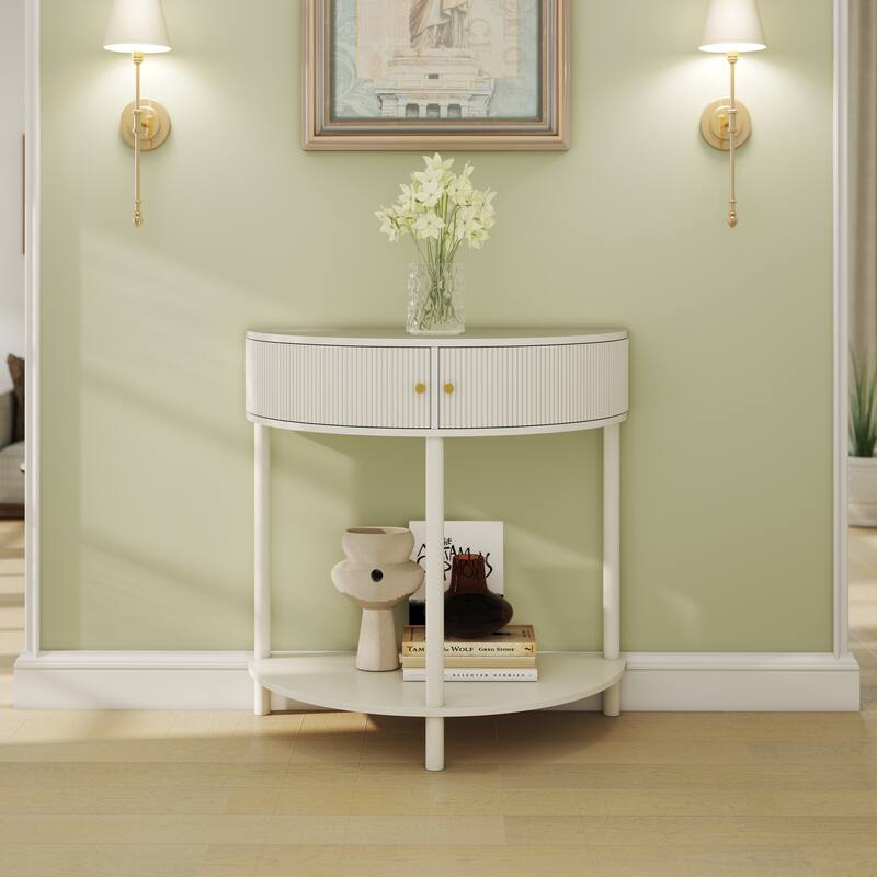 Artisan-Crafted Demi-Lune Console Table - Wave-Pattern with 2 Drawers & Shelf, Creamy White