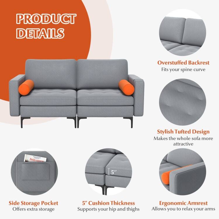 Modern Loveseat Sofa with 2 Bolsters and Side Storage Pocket - 68" x 31" x 31.5" (L x W x H)