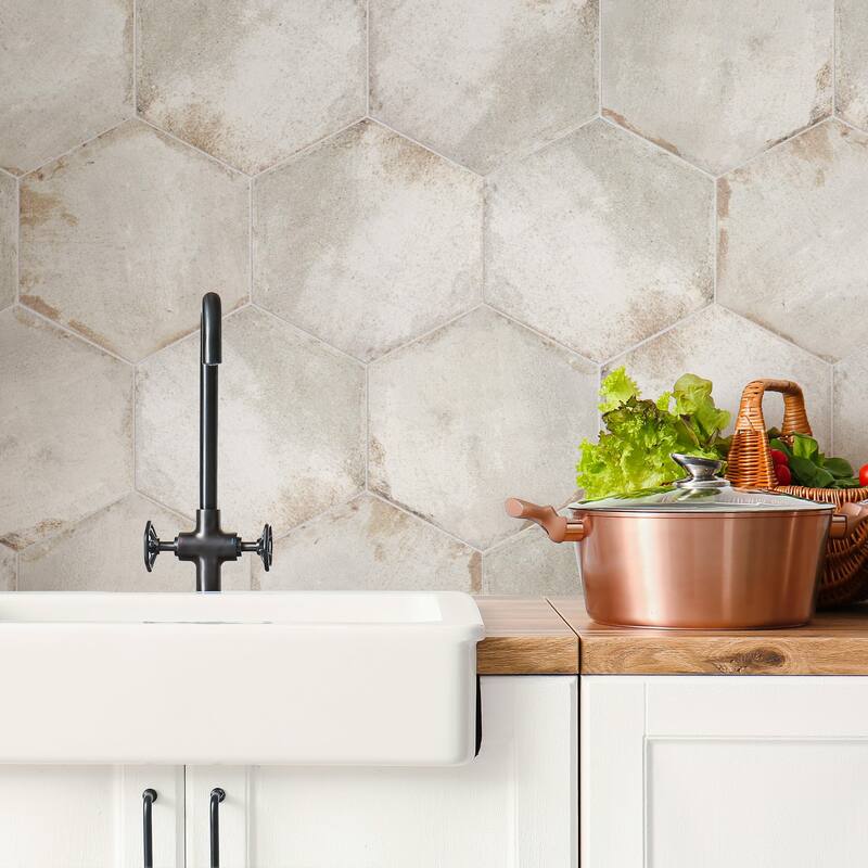 Merola Tile D'Anticatto Hex Bianco 11" x 12-3/4" Porcelain Floor and Wall Tile