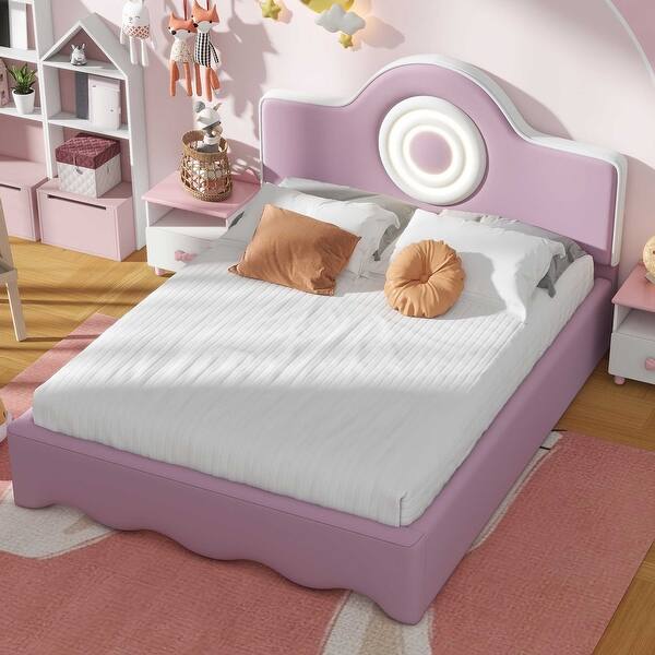 slide 2 of 13, Full Size Upholstered Platform Bed Kids Night Sleep Bed Flannel Finish, Pink Upholstered Bed with Round Pattern Headboard Pink - Full