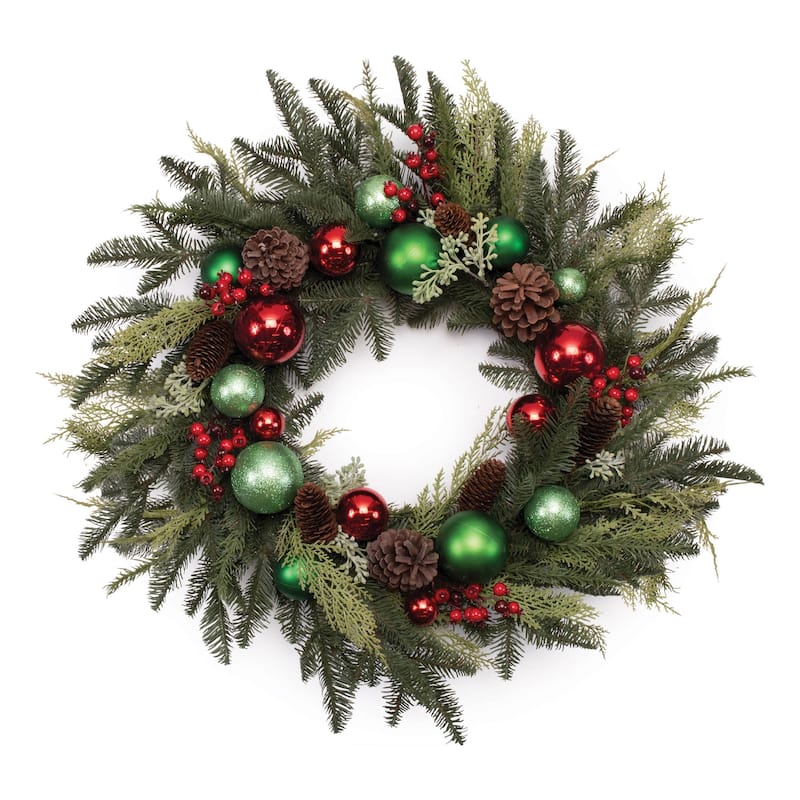 PE Pine Wreath with Ornaments 28 inches Twig Holiday Decor - 28” x 28” x 6” (D x W x H) - Green-Red-Blue