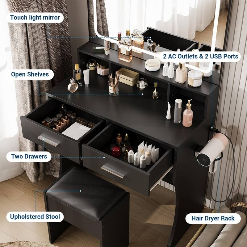 Makeup Table Set with 2 Drawers, Open Shelves, Charging Station & Stool