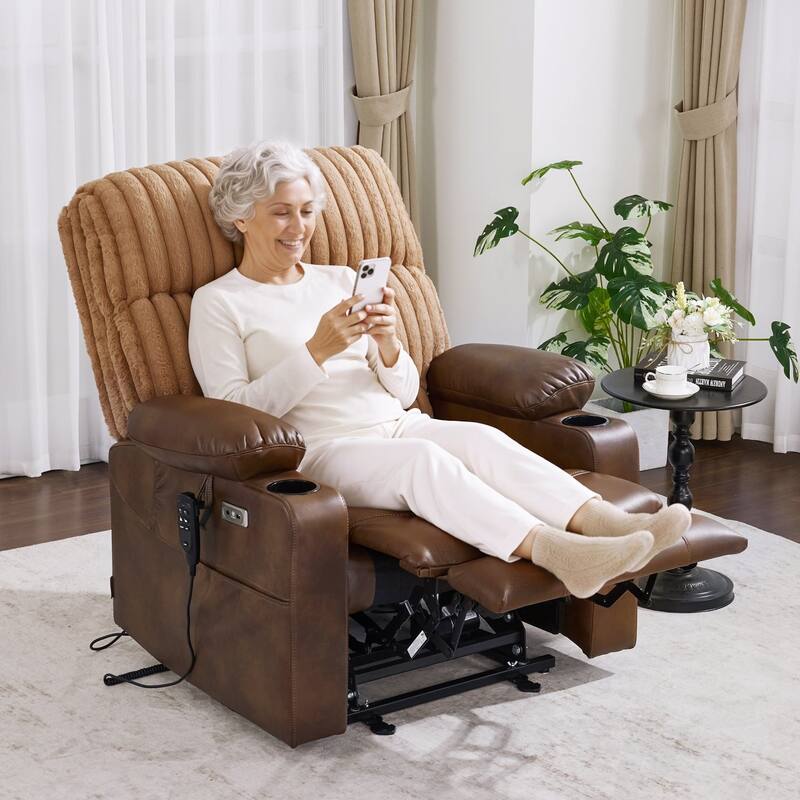 MCombo 180° Lay Flat Power Lift Recliner Chair for Elderly, Dual Motor Lift Chair with Full-Body Heating for Sleeping - Brown