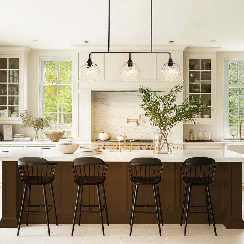 3-Light Modern Black/Brushed Gold Linear Chandelier for Kitchen Island with Clear Textured Glass Globe Shades