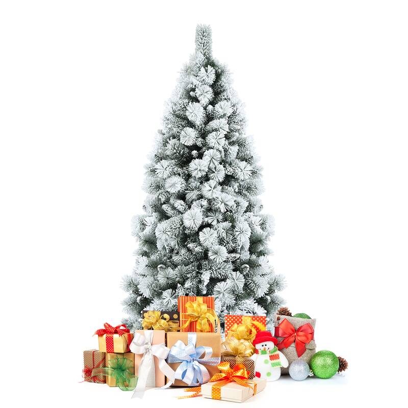 Costway 5ft/6ft/7ft Snow Flocked Hinged Artificial Slim Christmas Tree
