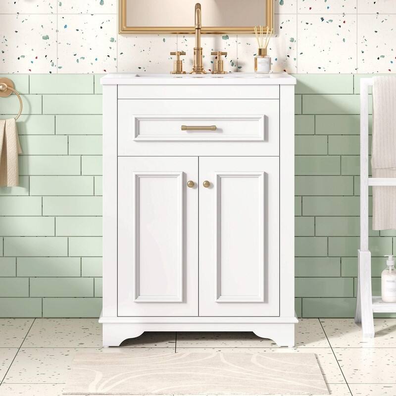 24" Bathroom Vanity with Integrated Ceramic Sink, Cabinet with 2 Doors and 1 Tip-Out Drawer, Single Sink Vanity - White