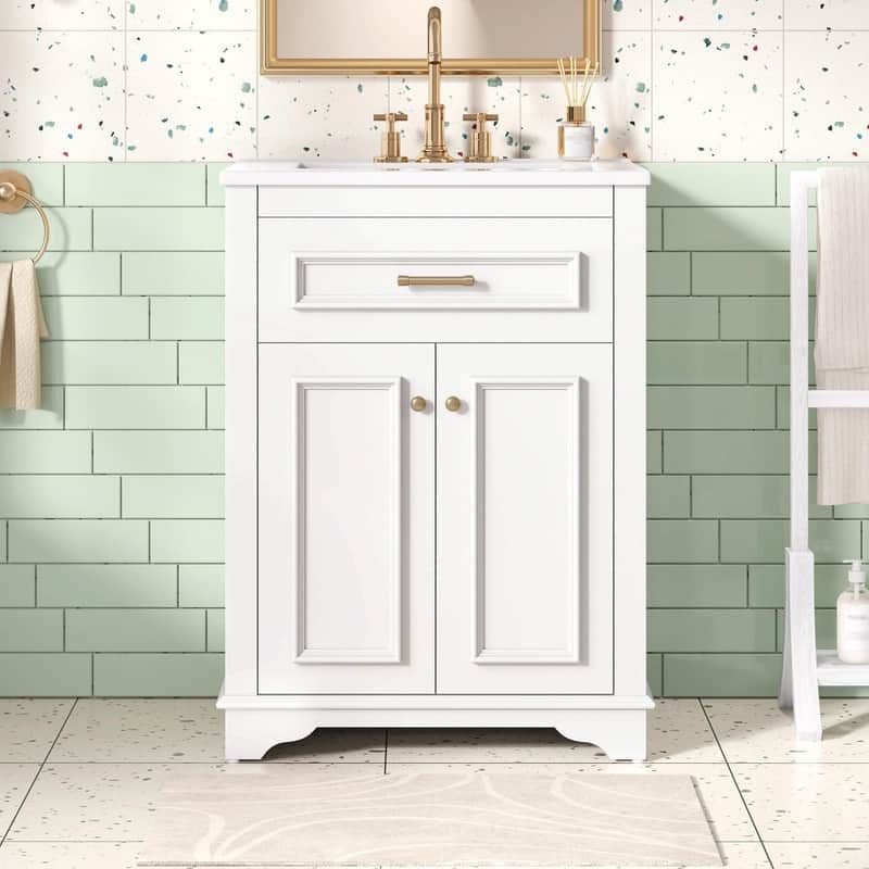 24" Bathroom Vanity with Integrated Ceramic Sink, Cabinet with 2 Doors and 1 Tip-Out Drawer, Single Sink Vanity