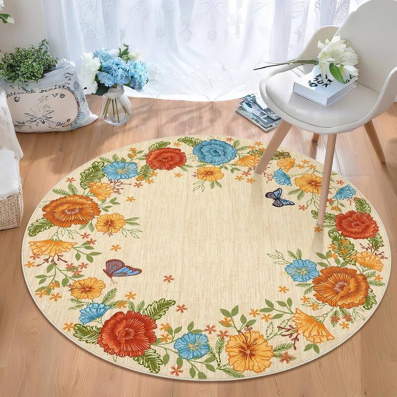 Area Rugs for Living Room Bedroom Washable Modern Floral Rug Scalloped Non-Slip Low Pile Carpet