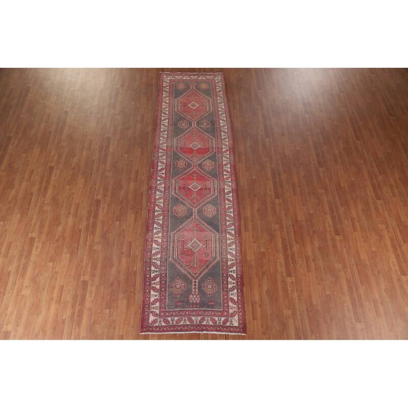 Hand Knotted Oriental 100% Wool Carpet Traditional Geometric Greys & Charcoal Ardebil Runner Rug - 12' 9'' X 3' 7''
