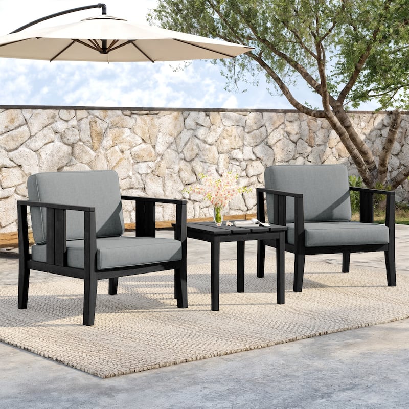 Teak Wood Upholstery Water-resistant Outdoor Armchair and Side Table Set (Set of 3) - Black frame - Grey/Black