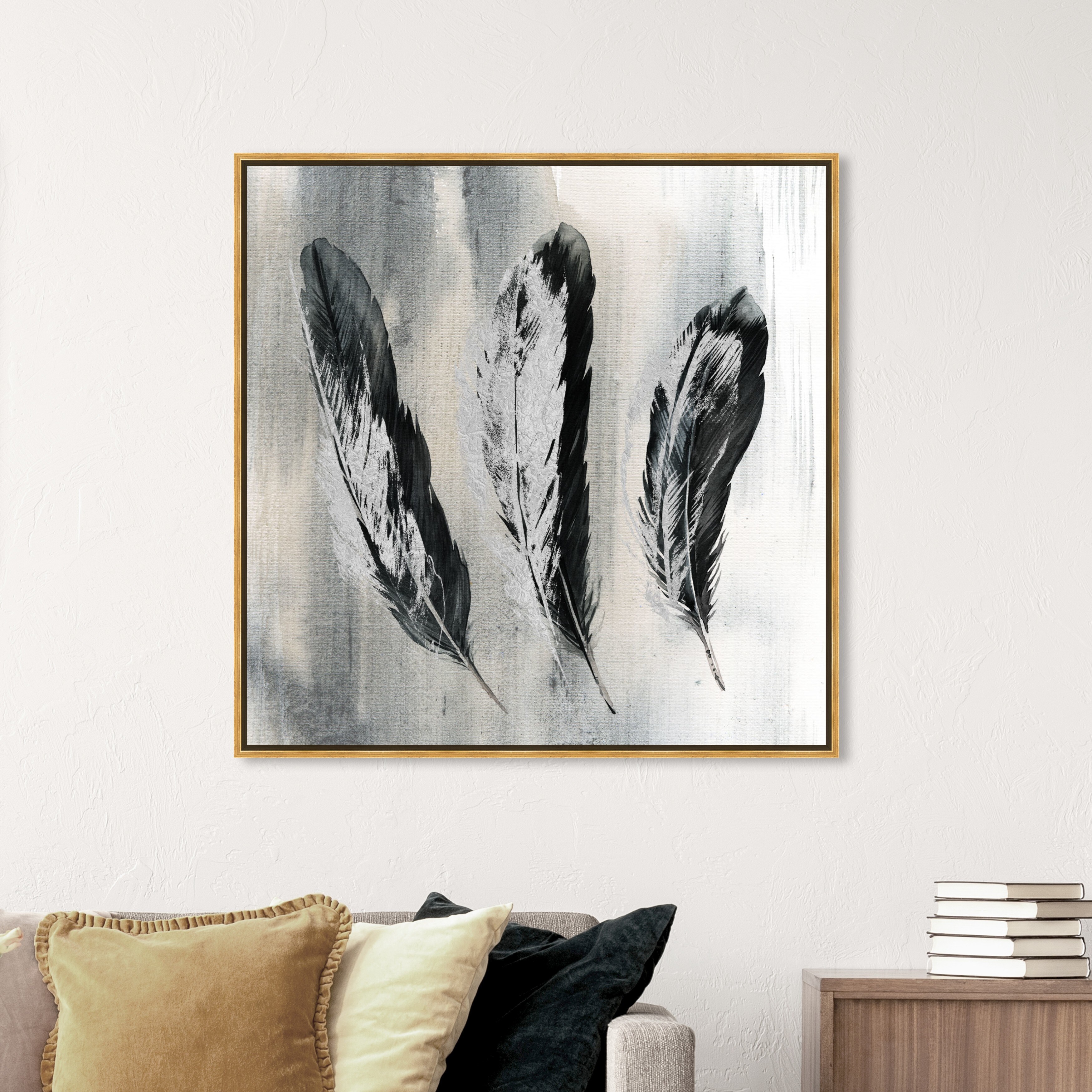 Oliver Gal 'Feathered Watercolor Silver' Fashion and Glam Wall Art Framed Canvas Print Feathers - Black, Gray