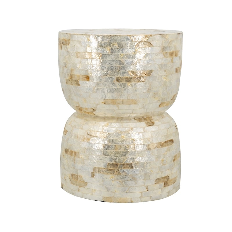 14x14x18" Decorative Bamboo Hourglass Stool With Gold And White Capiz Shell Finish