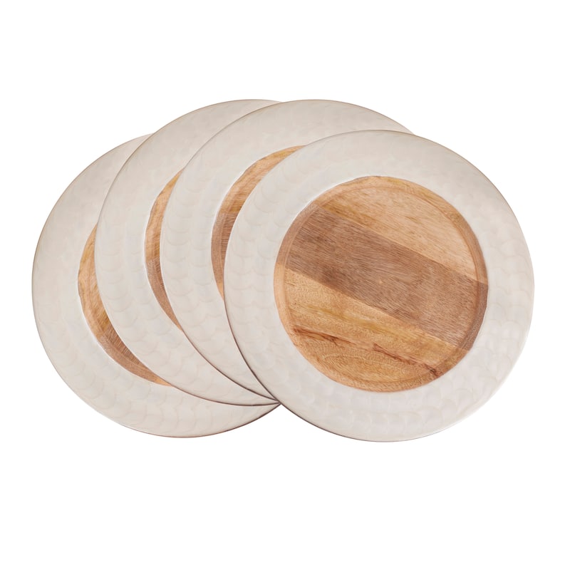 Mango Wood Decorative Charger Plates with White Rim (Set of 4) - Round Table Chargers for Dining & Entertaining, 13"