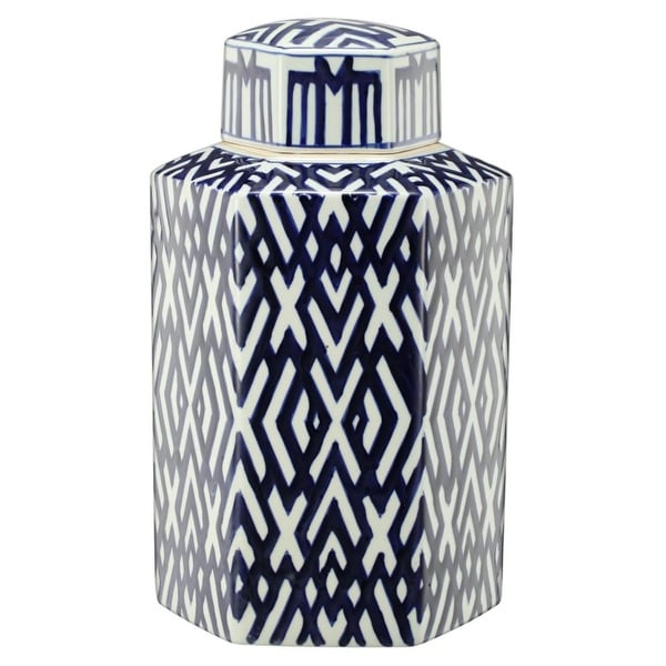 16" Blue and White Contemporary Hexagonal Lidded Jar - N/A