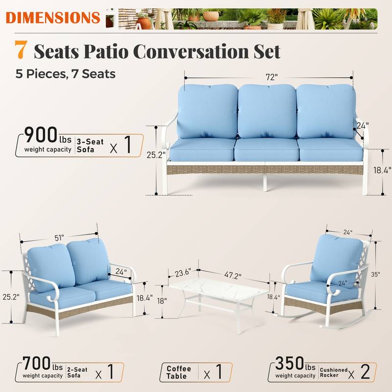 MAISON ARTS 7-Seat Patio Conversation Set, 2/4 x Cushioned Metal Chair, 1 x 2-Seat Sofa,1 x 3-Seat Sofa with Coffee Table