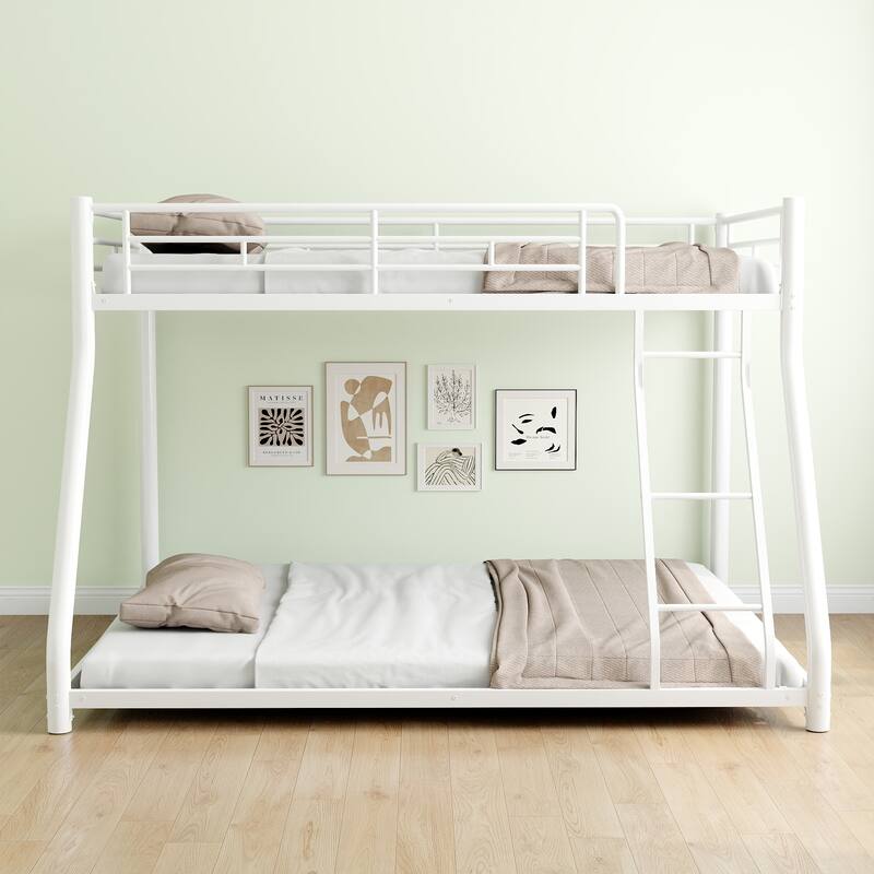 Twin Over Full Metal Bunk Bed with Removable Stairs, Heavy Duty Frame, 12-Inch Under-Bed Storage, No Box Spring Needed, White