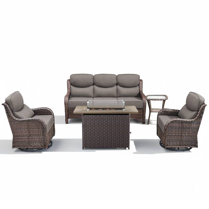 Meyreso 7-Piece Wicker Outdoor Patio Fire Pit Conversation Set with 6-Inch Thick Cushions