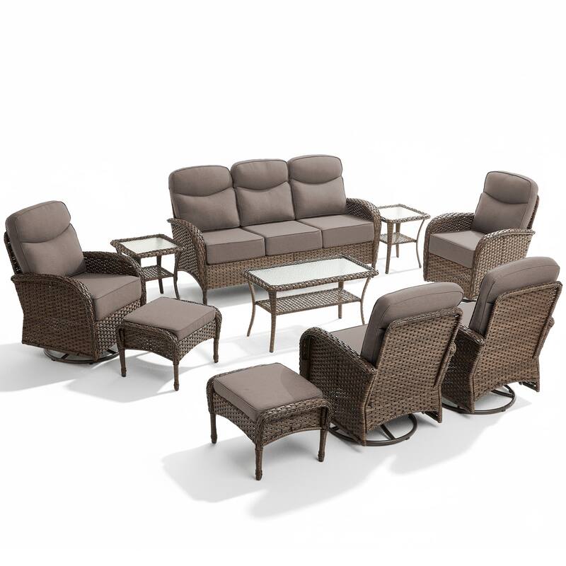 Luna 10-Piece Wicker Patio Conversation Set with Swivel Gliders and 6-Inch Thick Olefin Cushions
